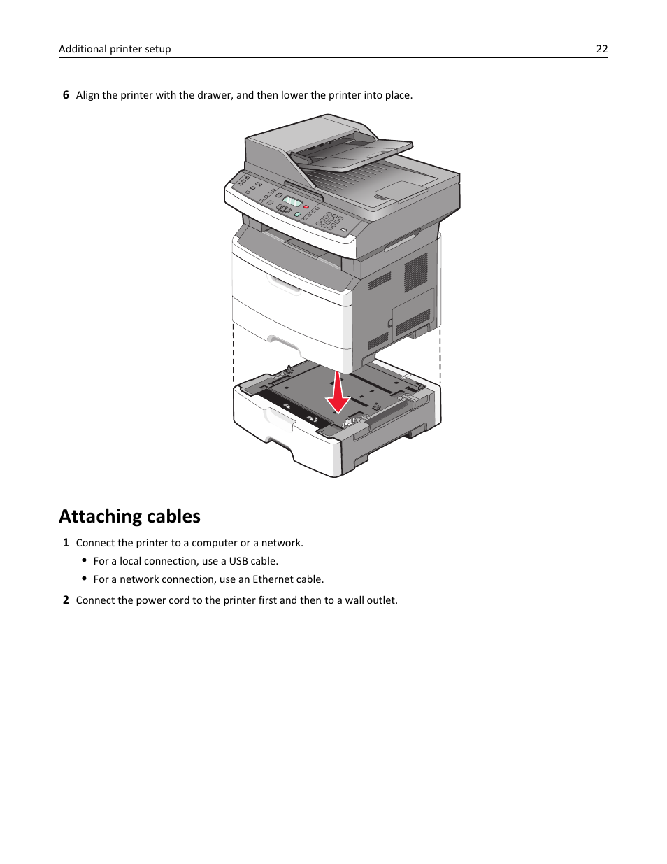 Attaching cables | Lexmark 436 User Manual | Page 22 / 235