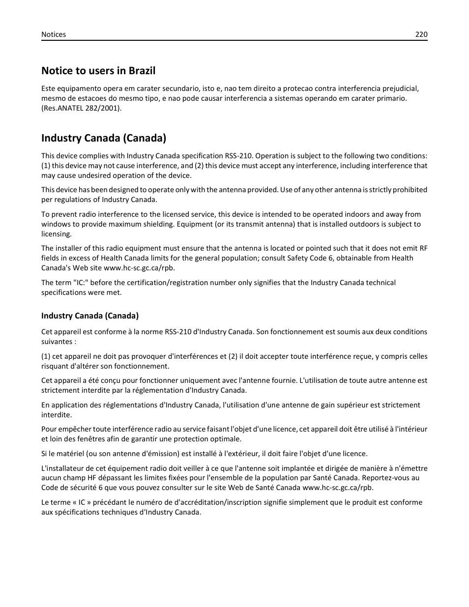 Notice to users in brazil, Industry canada (canada) | Lexmark 436 User Manual | Page 220 / 235