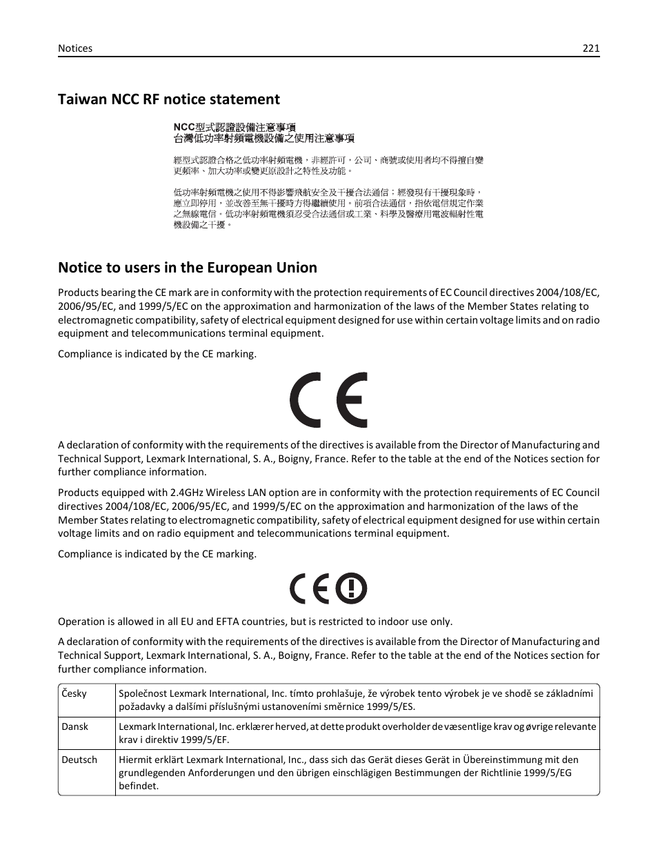Taiwan ncc rf notice statement, Notice to users in the european union | Lexmark 436 User Manual | Page 221 / 235
