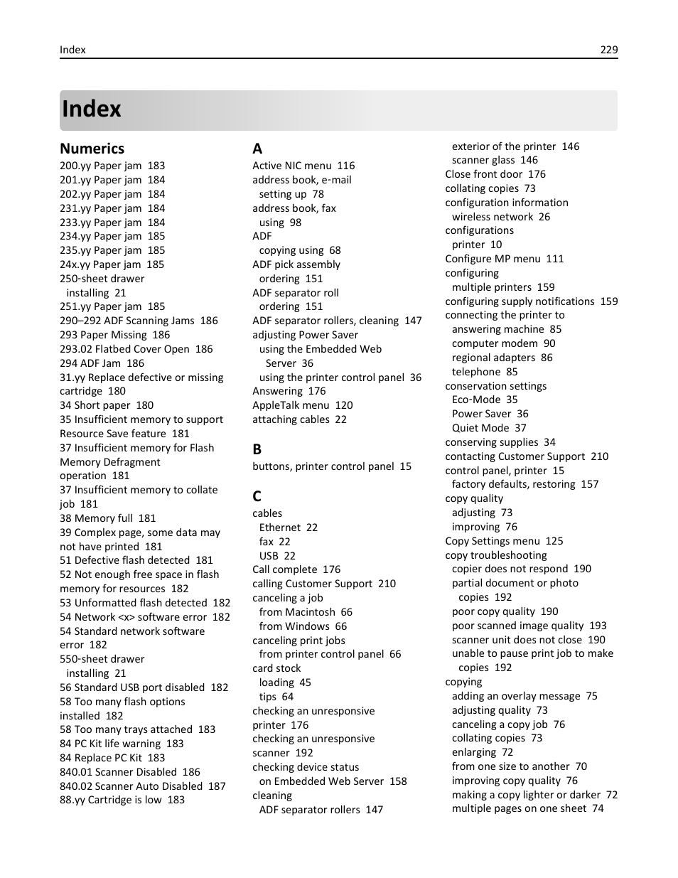 Index, Numerics | Lexmark 436 User Manual | Page 229 / 235