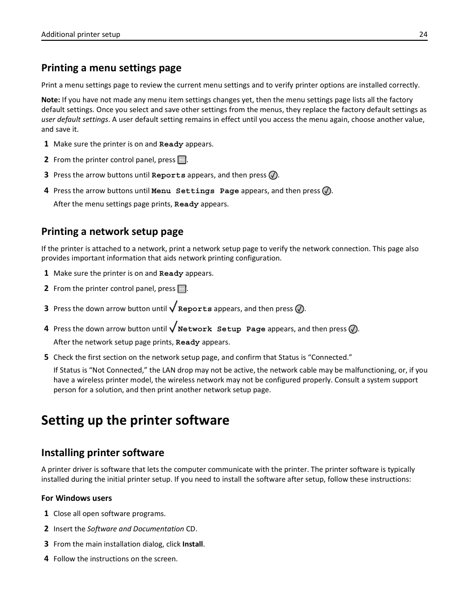 Setting up the printer software, Installing printer software, Printing a menu settings page | Printing a network setup page | Lexmark 436 User Manual | Page 24 / 235
