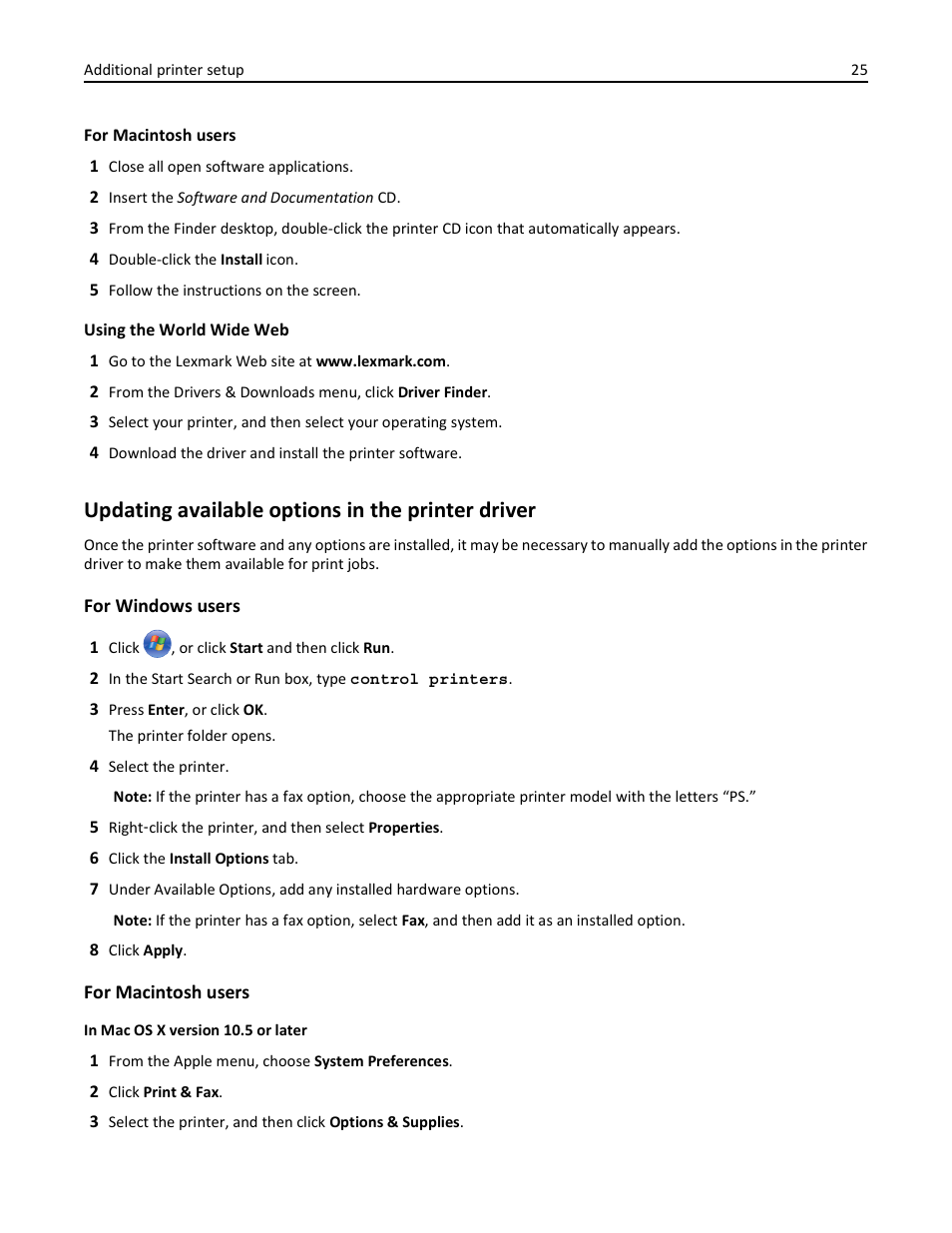 Updating available options in the printer driver | Lexmark 436 User Manual | Page 25 / 235