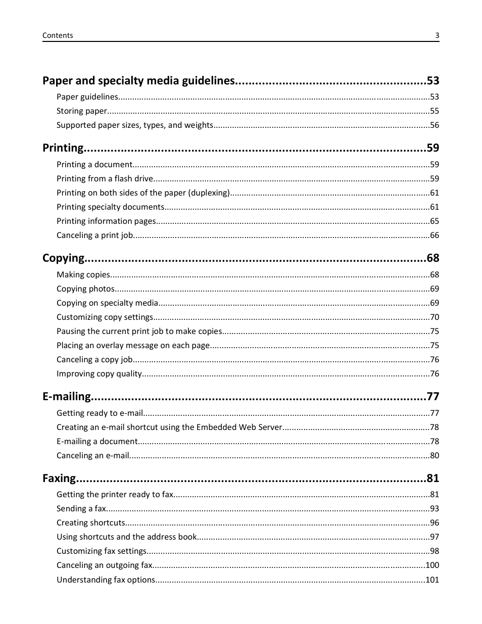 Paper and specialty media guidelines, Printing, Copying | E-mailing, Faxing | Lexmark 436 User Manual | Page 3 / 235
