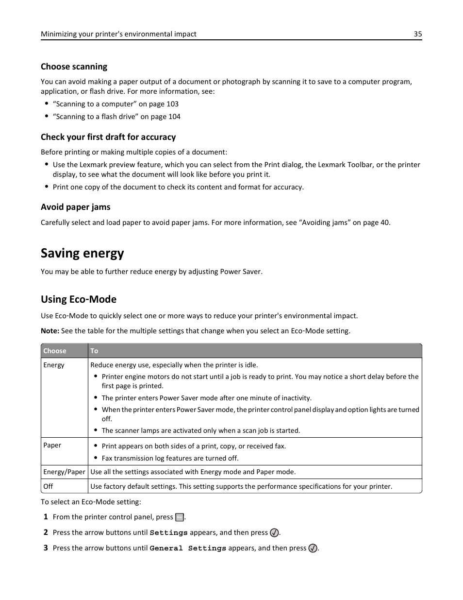 Saving energy, Using eco-mode, Using eco ‑ mode | Lexmark 436 User Manual | Page 35 / 235