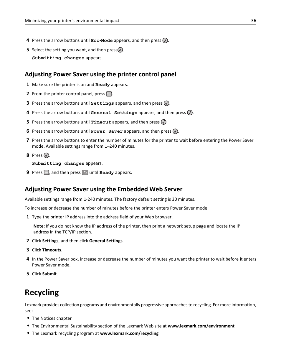 Recycling | Lexmark 436 User Manual | Page 36 / 235