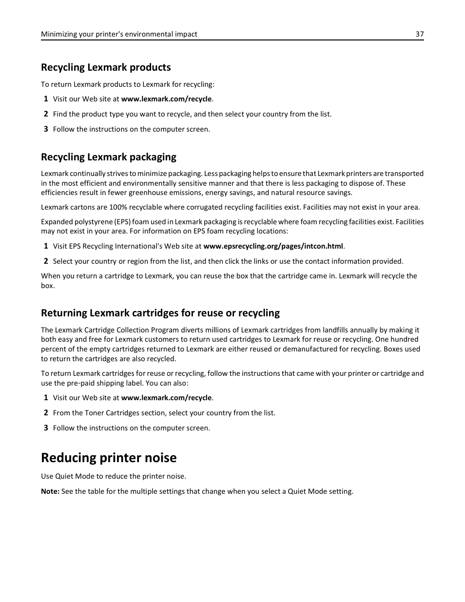 Recycling lexmark products, Recycling lexmark packaging, Reducing printer noise | Lexmark 436 User Manual | Page 37 / 235