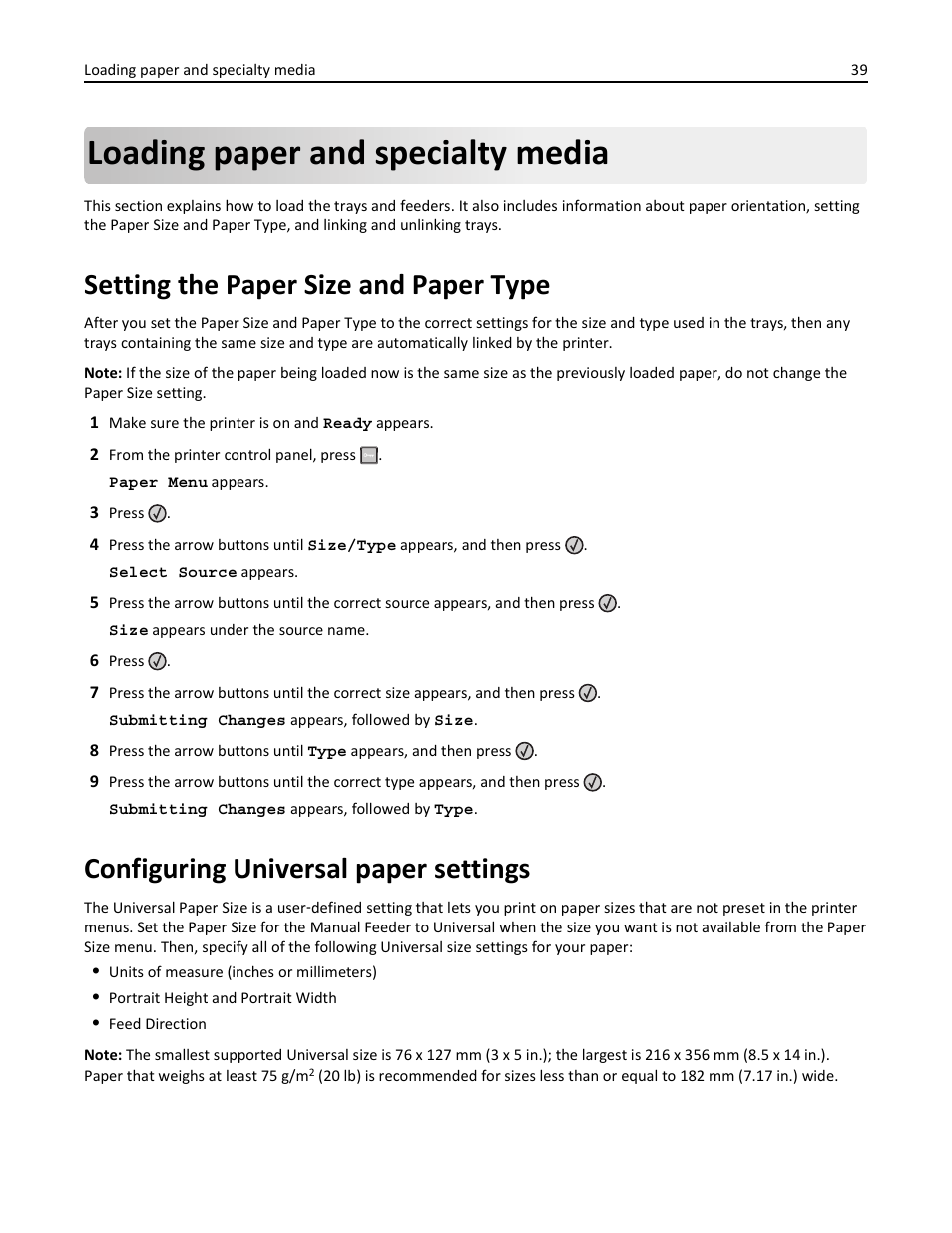 Loading paper and specialty media, Setting the paper size and paper type, Configuring universal paper settings | Lexmark 436 User Manual | Page 39 / 235
