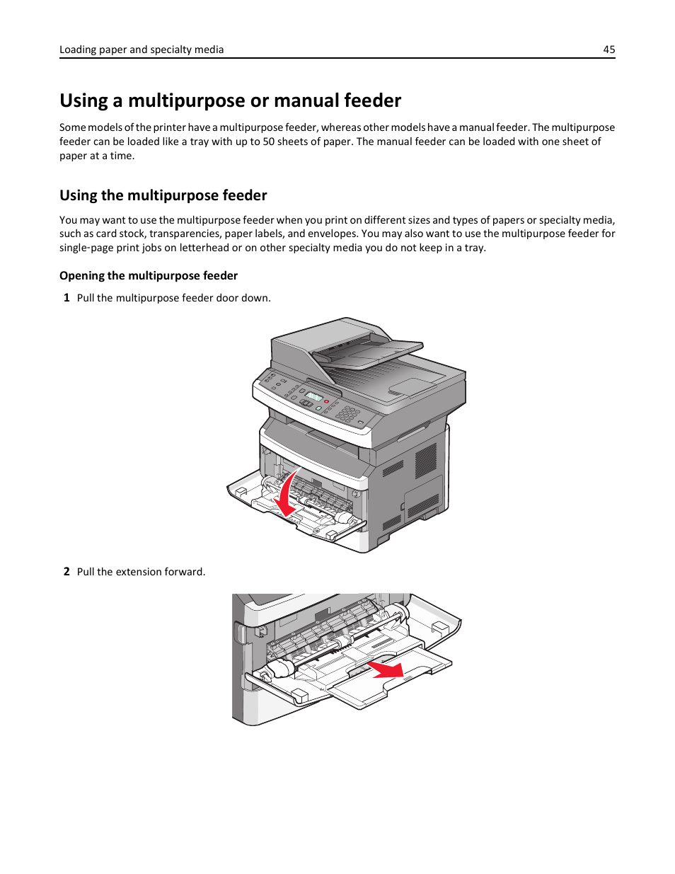 Using a multipurpose or manual feeder, Using the multipurpose feeder | Lexmark 436 User Manual | Page 45 / 235