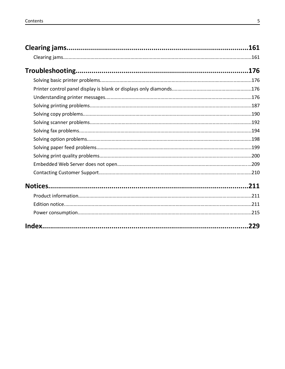 Clearing jams, Troubleshooting, Notices | Index | Lexmark 436 User Manual | Page 5 / 235