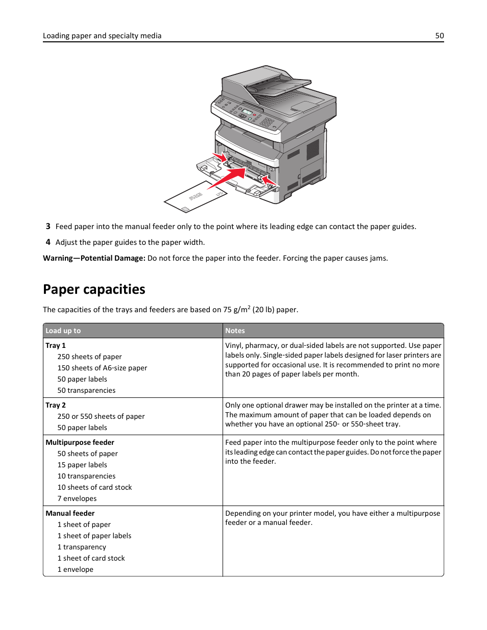 Paper capacities | Lexmark 436 User Manual | Page 50 / 235