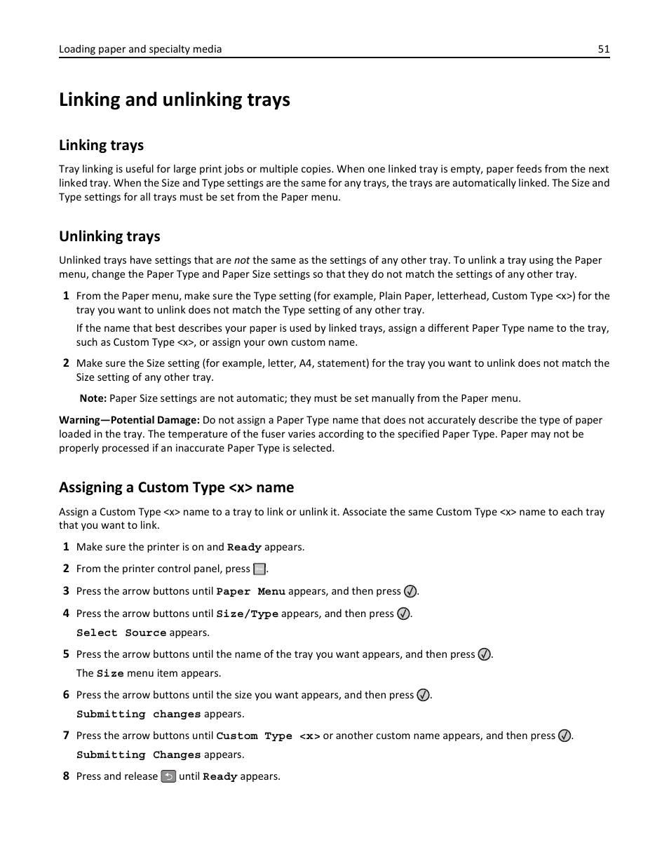 Linking and unlinking trays, Linking trays, Unlinking trays | Assigning a custom type <x> name | Lexmark 436 User Manual | Page 51 / 235