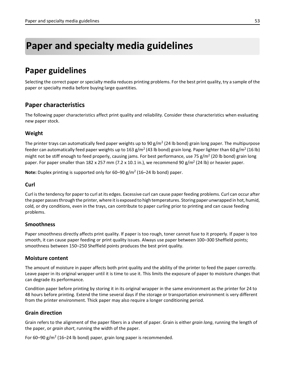 Paper and specialty media guidelines, Paper guidelines, Paper characteristics | Lexmark 436 User Manual | Page 53 / 235