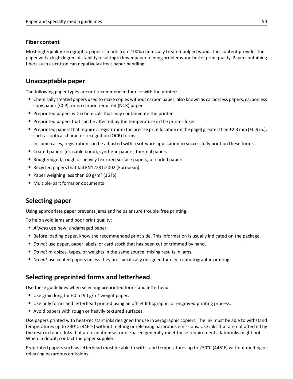 Unacceptable paper, Selecting paper, Selecting preprinted forms and letterhead | Lexmark 436 User Manual | Page 54 / 235