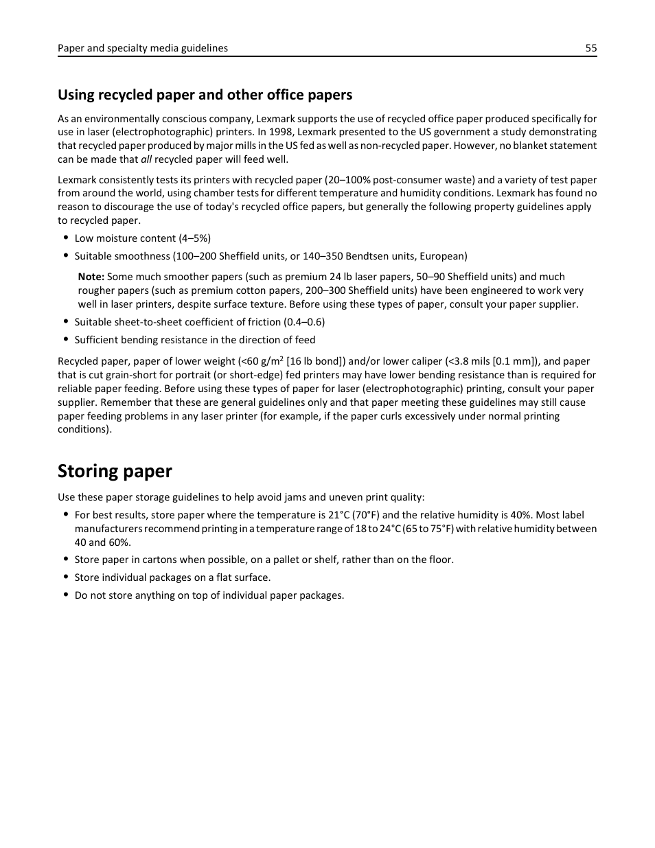 Using recycled paper and other office papers, Storing paper | Lexmark 436 User Manual | Page 55 / 235
