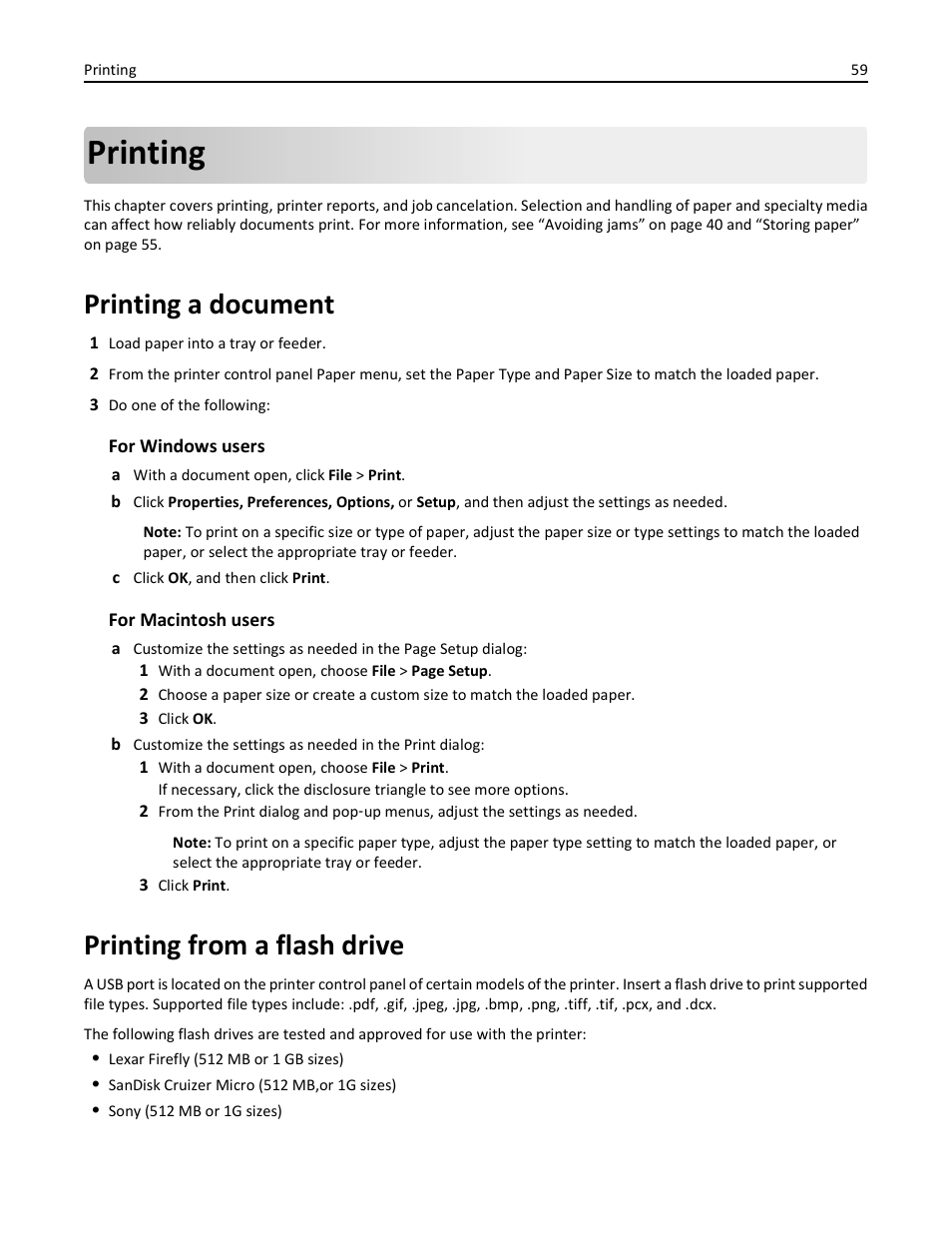 Printing, Printing a document, Printing from a flash drive | Lexmark 436 User Manual | Page 59 / 235