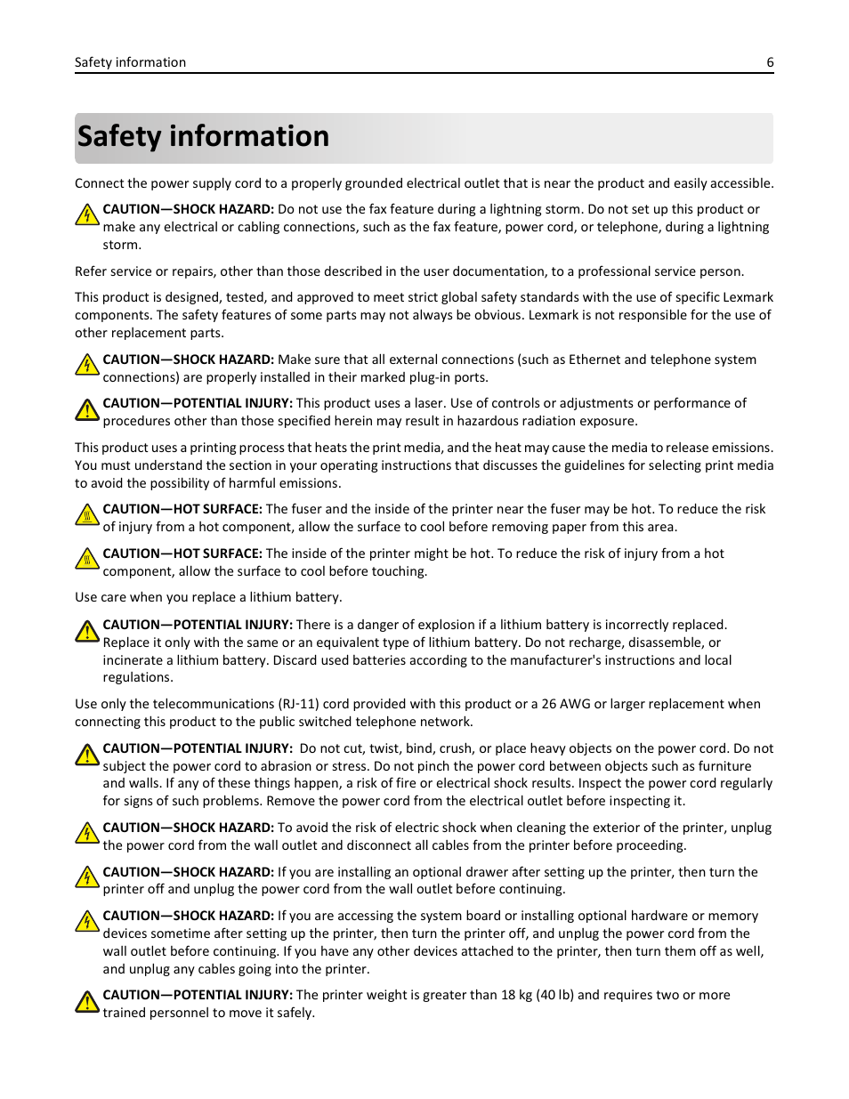 Safety information | Lexmark 436 User Manual | Page 6 / 235