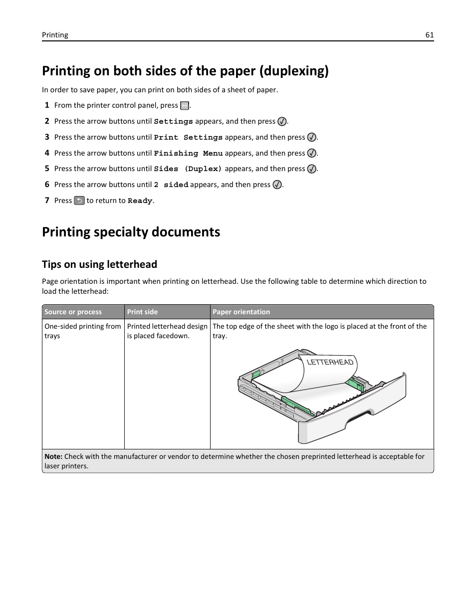 Printing on both sides of the paper (duplexing), Printing specialty documents, Tips on using letterhead | Lexmark 436 User Manual | Page 61 / 235