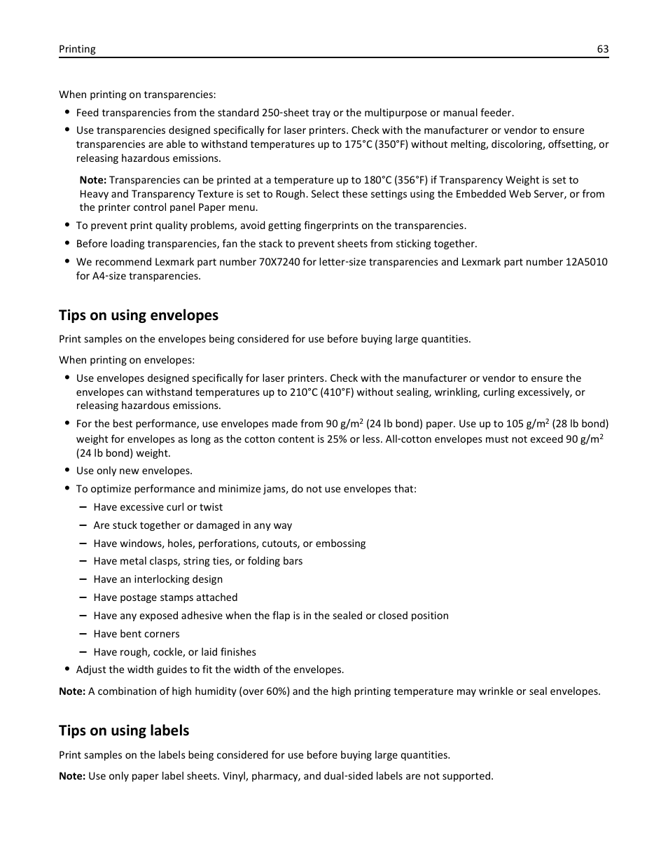 Tips on using envelopes, Tips on using labels | Lexmark 436 User Manual | Page 63 / 235