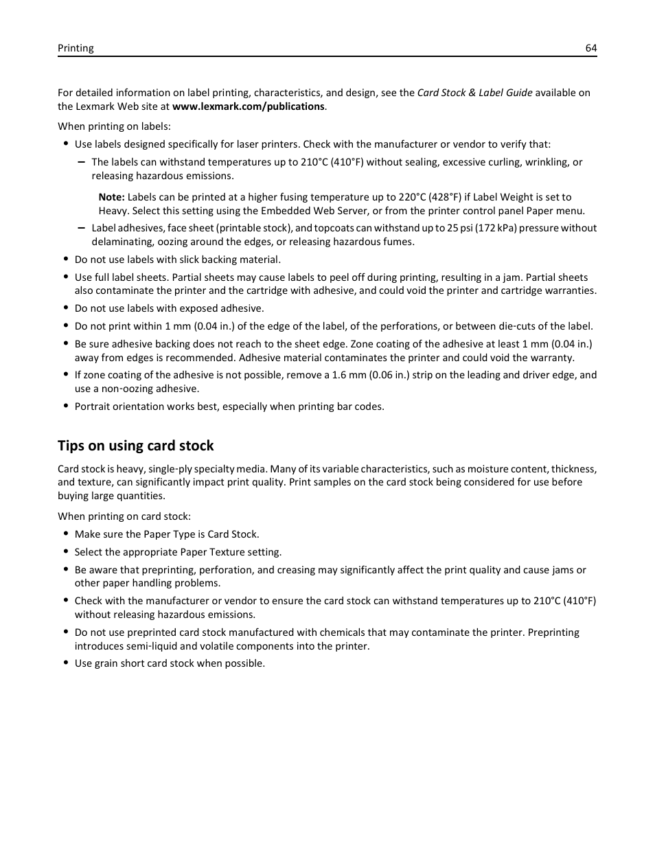 Tips on using card stock | Lexmark 436 User Manual | Page 64 / 235