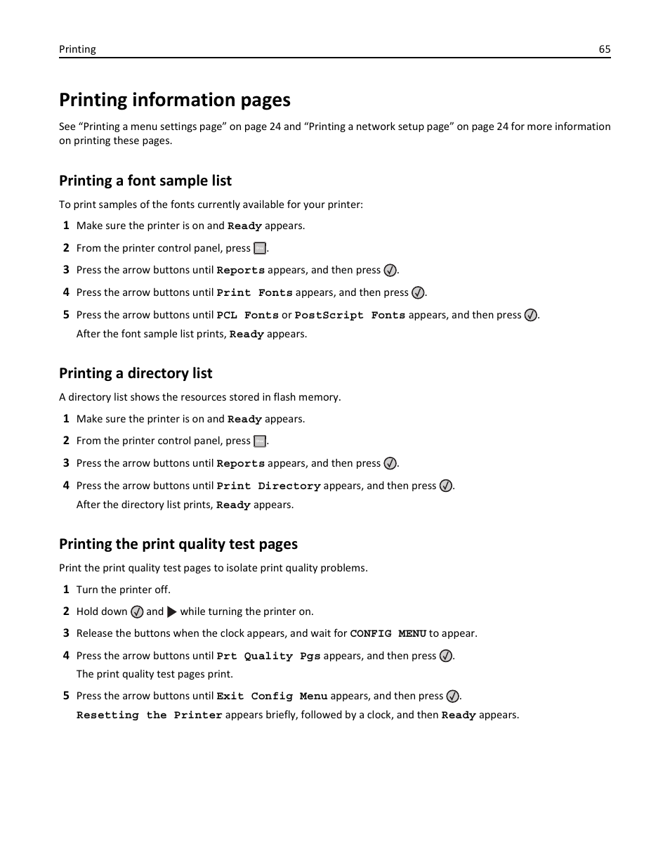 Printing a font sample list, Printing a directory list, Printing information pages | Printing the print quality test pages | Lexmark 436 User Manual | Page 65 / 235