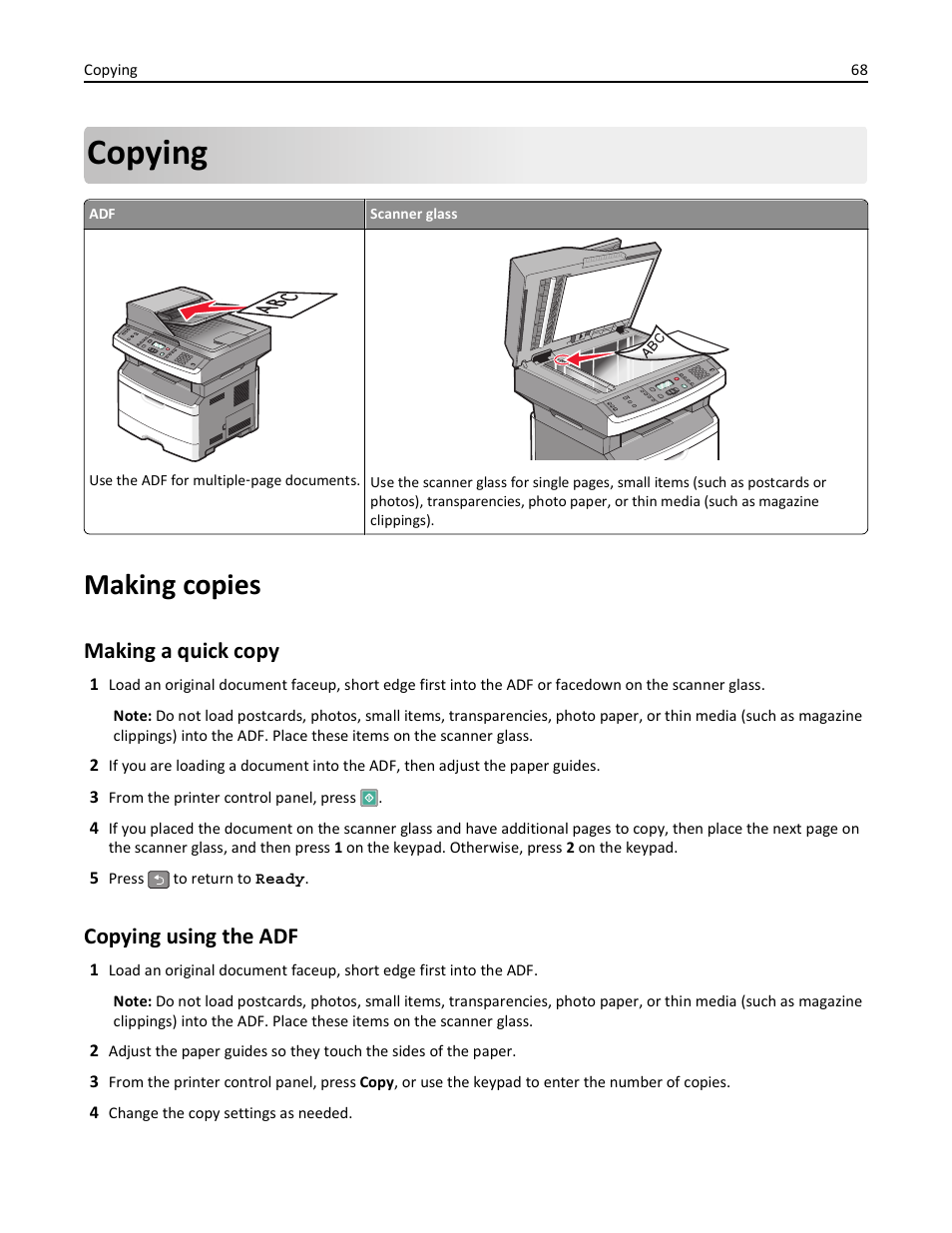 Copying, Making copies, Making a quick copy | Copying using the adf | Lexmark 436 User Manual | Page 68 / 235
