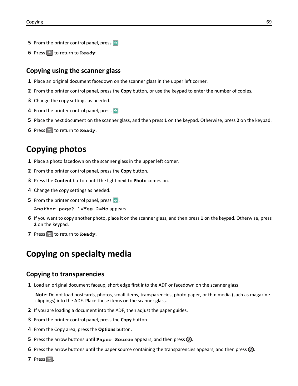 Copying using the scanner glass, Copying photos, Copying on specialty media | Copying to transparencies | Lexmark 436 User Manual | Page 69 / 235