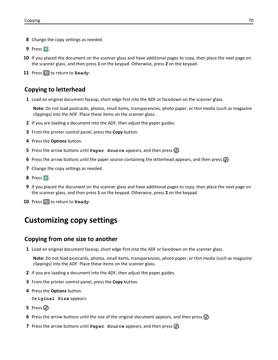 Copying to letterhead, Customizing copy settings, Copying from one size to another | Lexmark 436 User Manual | Page 70 / 235