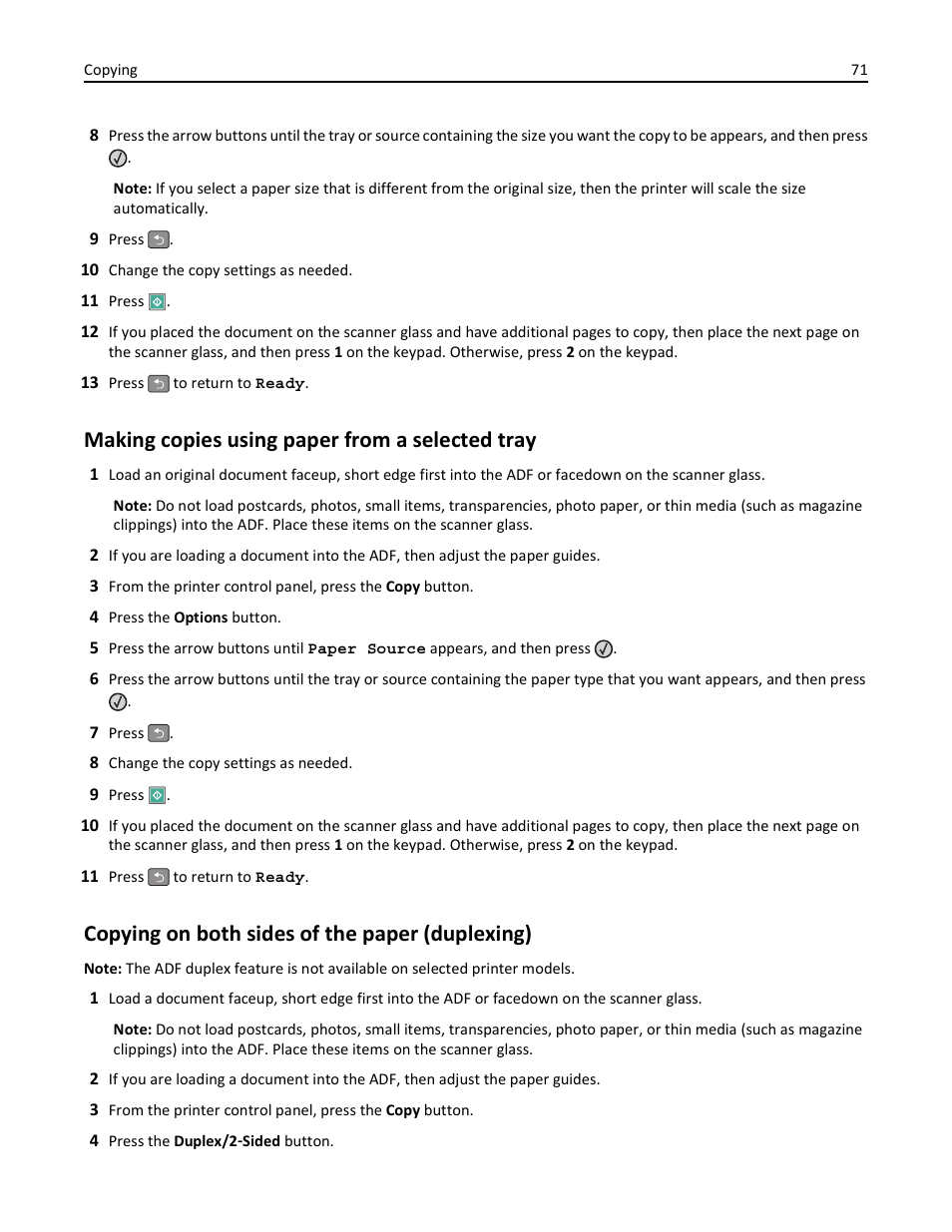 Making copies using paper from a selected tray, Copying on both sides of the paper (duplexing) | Lexmark 436 User Manual | Page 71 / 235
