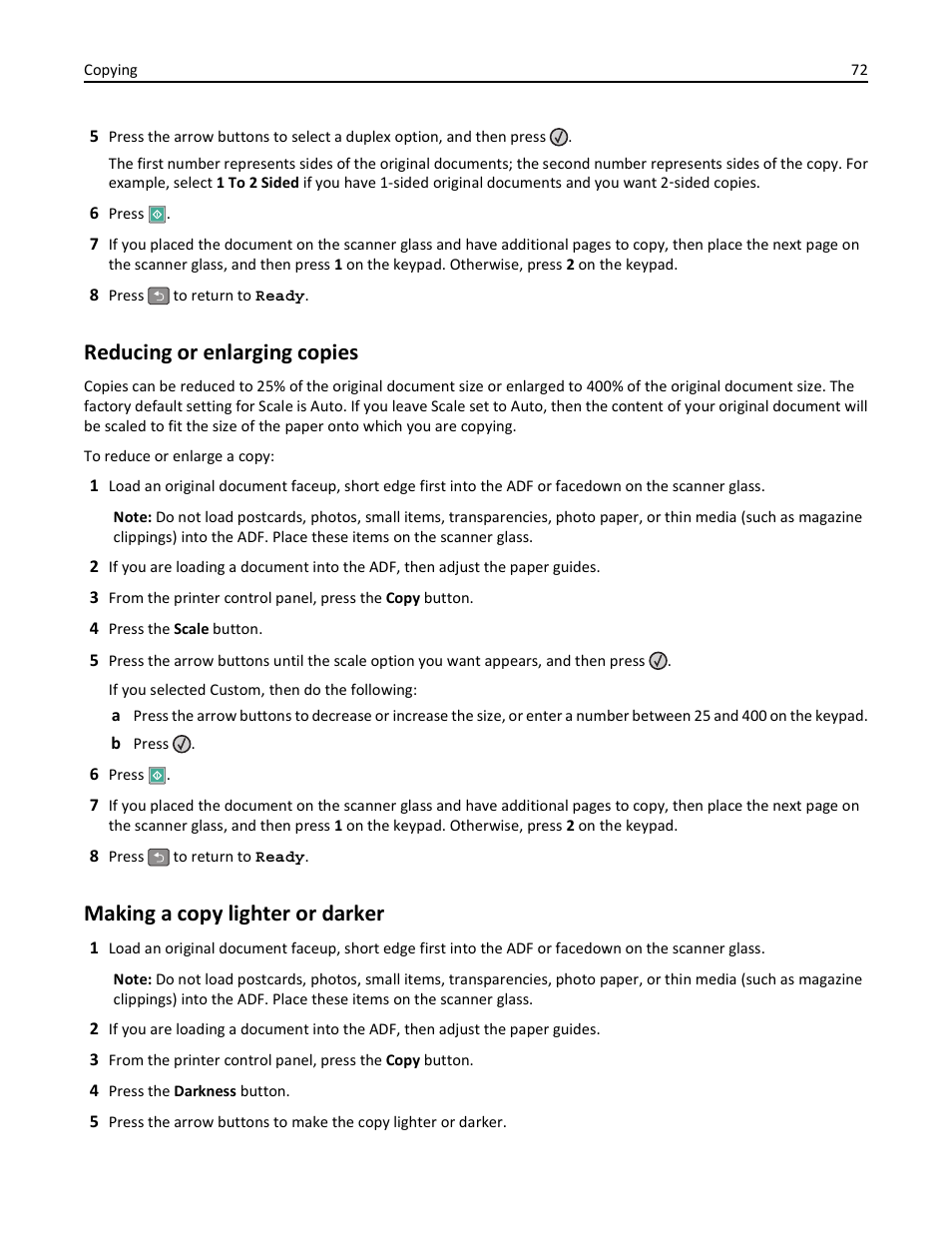 Reducing or enlarging copies, Making a copy lighter or darker | Lexmark 436 User Manual | Page 72 / 235