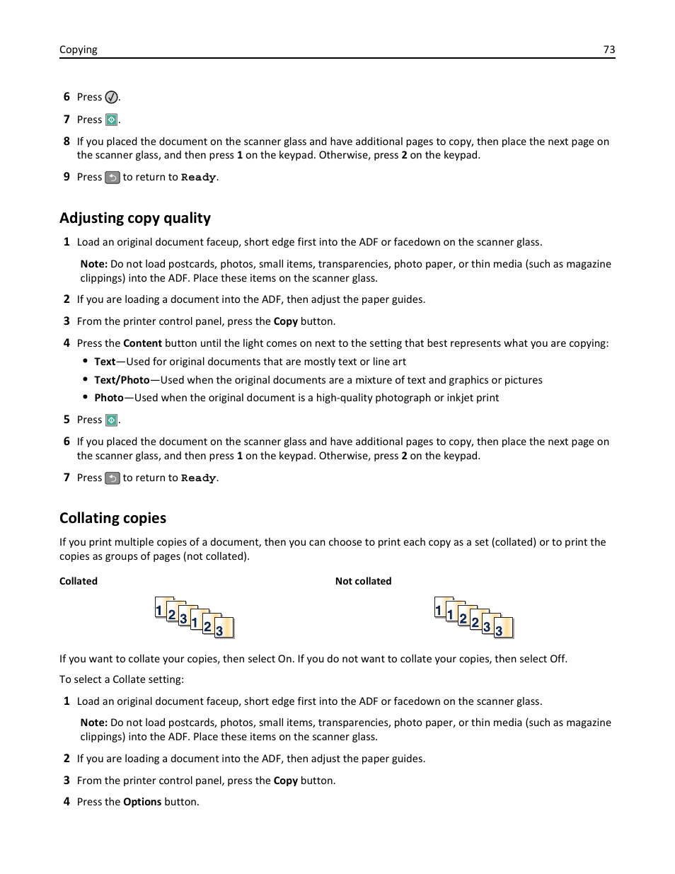 Adjusting copy quality, Collating copies | Lexmark 436 User Manual | Page 73 / 235