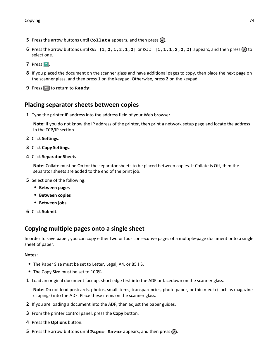 Placing separator sheets between copies, Copying multiple pages onto a single sheet | Lexmark 436 User Manual | Page 74 / 235