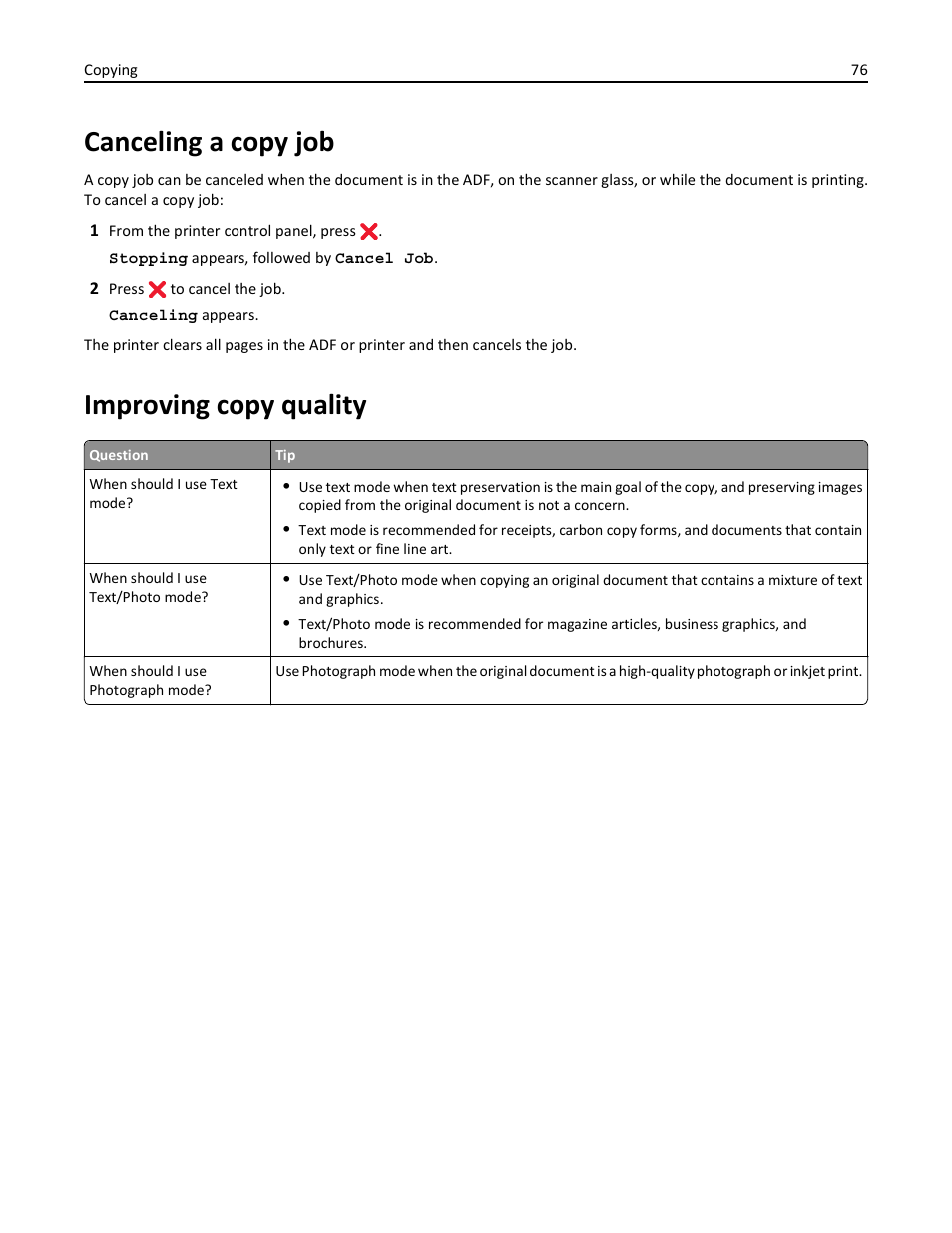 Canceling a copy job, Improving copy quality | Lexmark 436 User Manual | Page 76 / 235