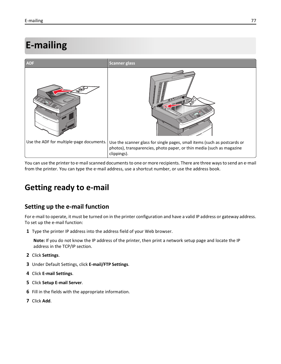 E-mailing, Getting ready to e-mail, Setting up the e-mail function | Lexmark 436 User Manual | Page 77 / 235