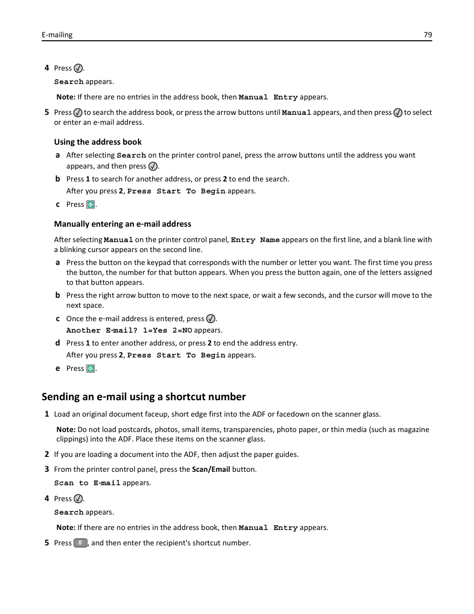 Sending an e-mail using a shortcut number, Sending an e ‑ mail using a shortcut number | Lexmark 436 User Manual | Page 79 / 235