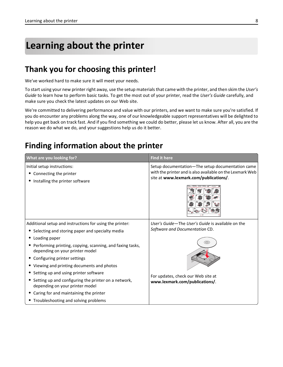 Learning about the printer, Thank you for choosing this printer, Finding information about the printer | Lexmark 436 User Manual | Page 8 / 235