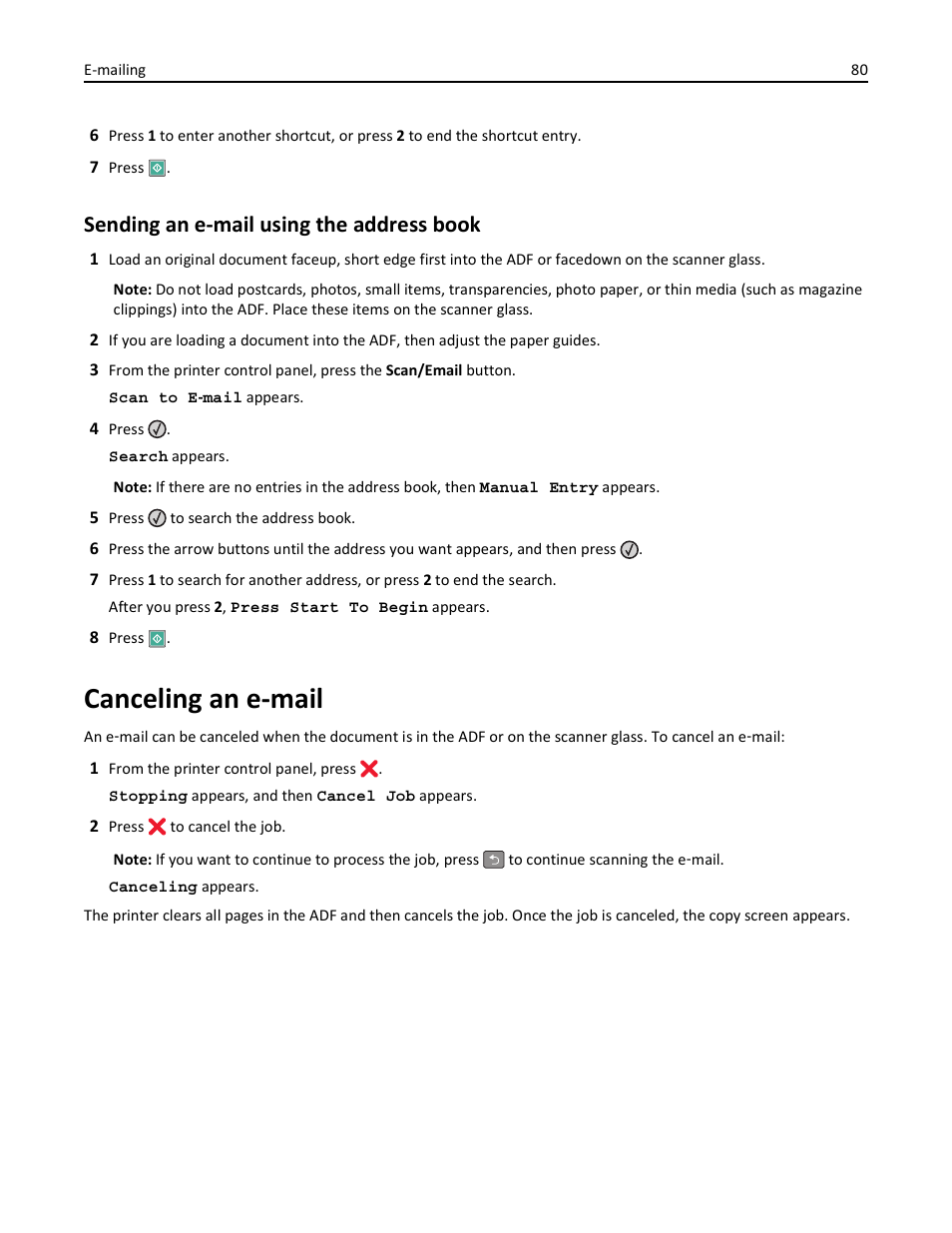 Sending an e-mail using the address book, Canceling an e-mail | Lexmark 436 User Manual | Page 80 / 235
