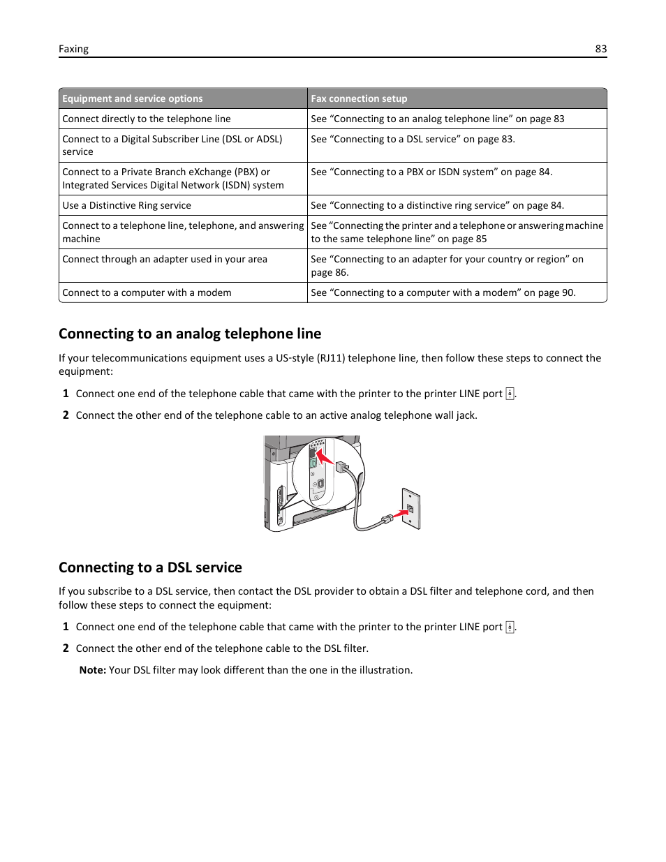 Connecting to an analog telephone line, Connecting to a dsl service | Lexmark 436 User Manual | Page 83 / 235