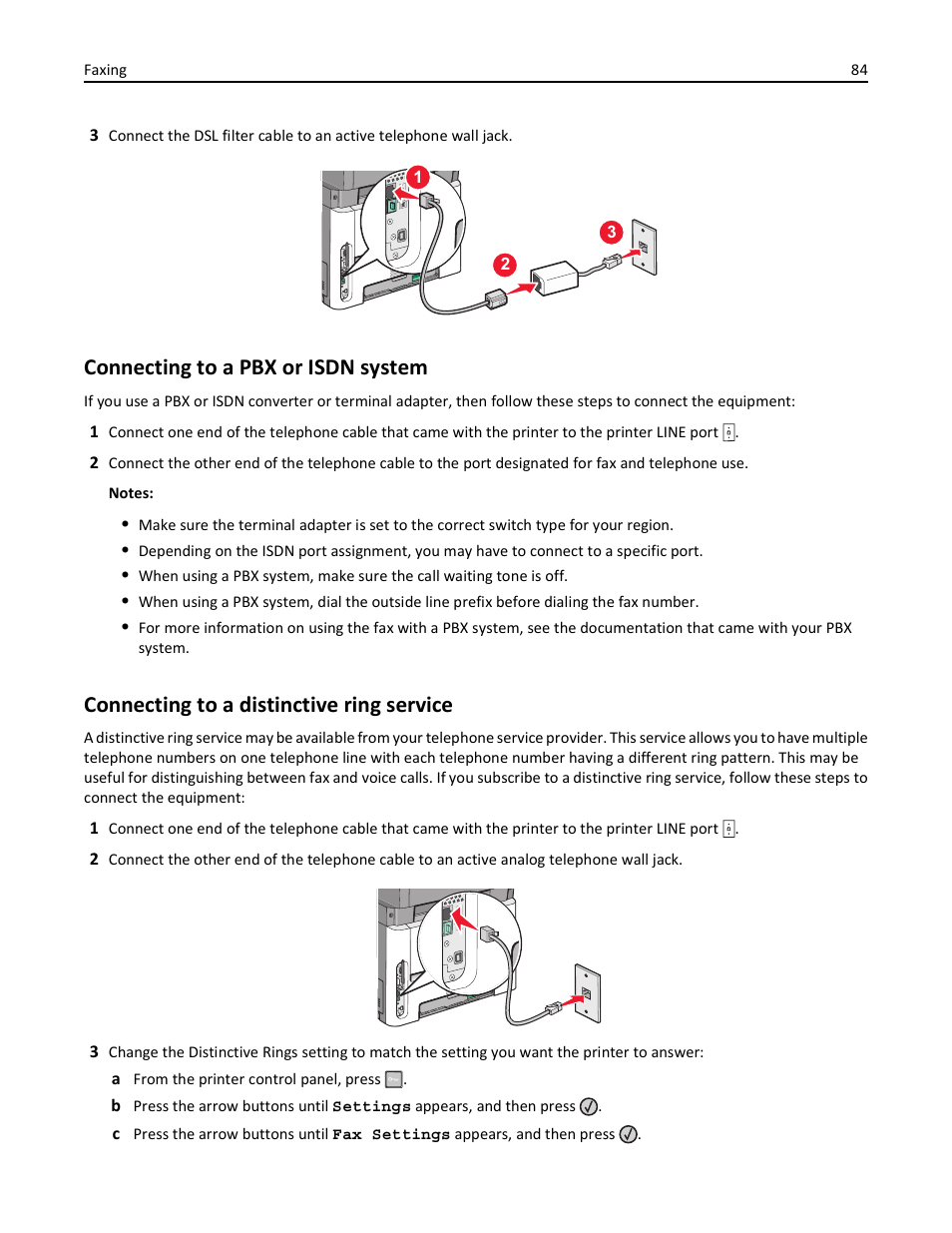 Connecting to a pbx or isdn system, Connecting to a distinctive ring service | Lexmark 436 User Manual | Page 84 / 235