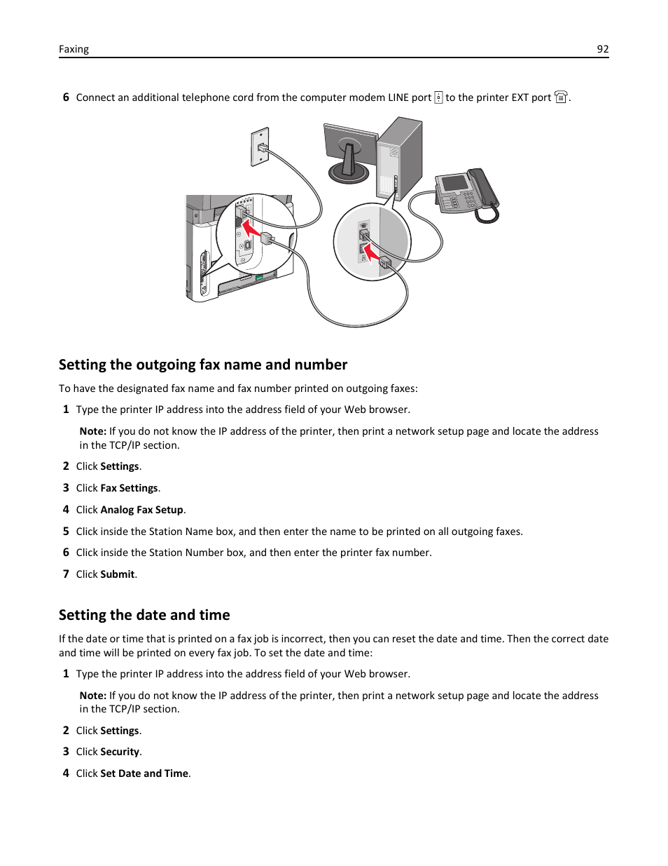 Setting the outgoing fax name and number, Setting the date and time | Lexmark 436 User Manual | Page 92 / 235