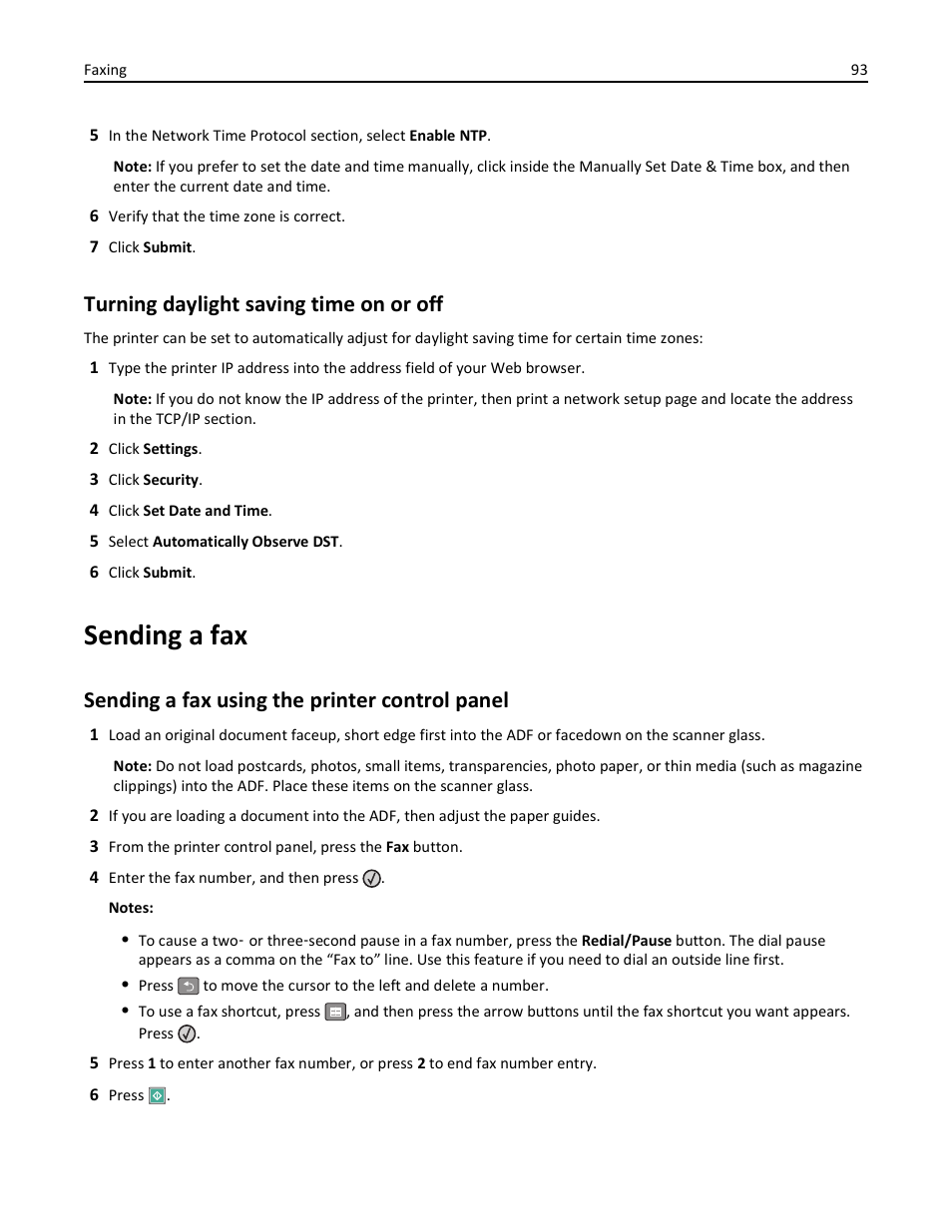 Turning daylight saving time on or off, Sending a fax, Sending a fax using the printer control panel | Lexmark 436 User Manual | Page 93 / 235