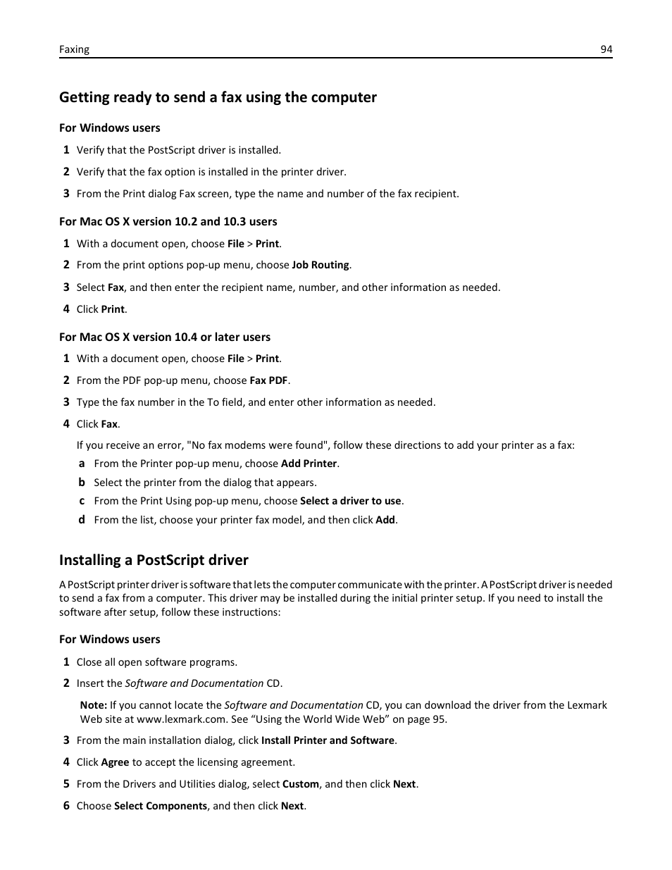 Getting ready to send a fax using the computer, Installing a postscript driver | Lexmark 436 User Manual | Page 94 / 235