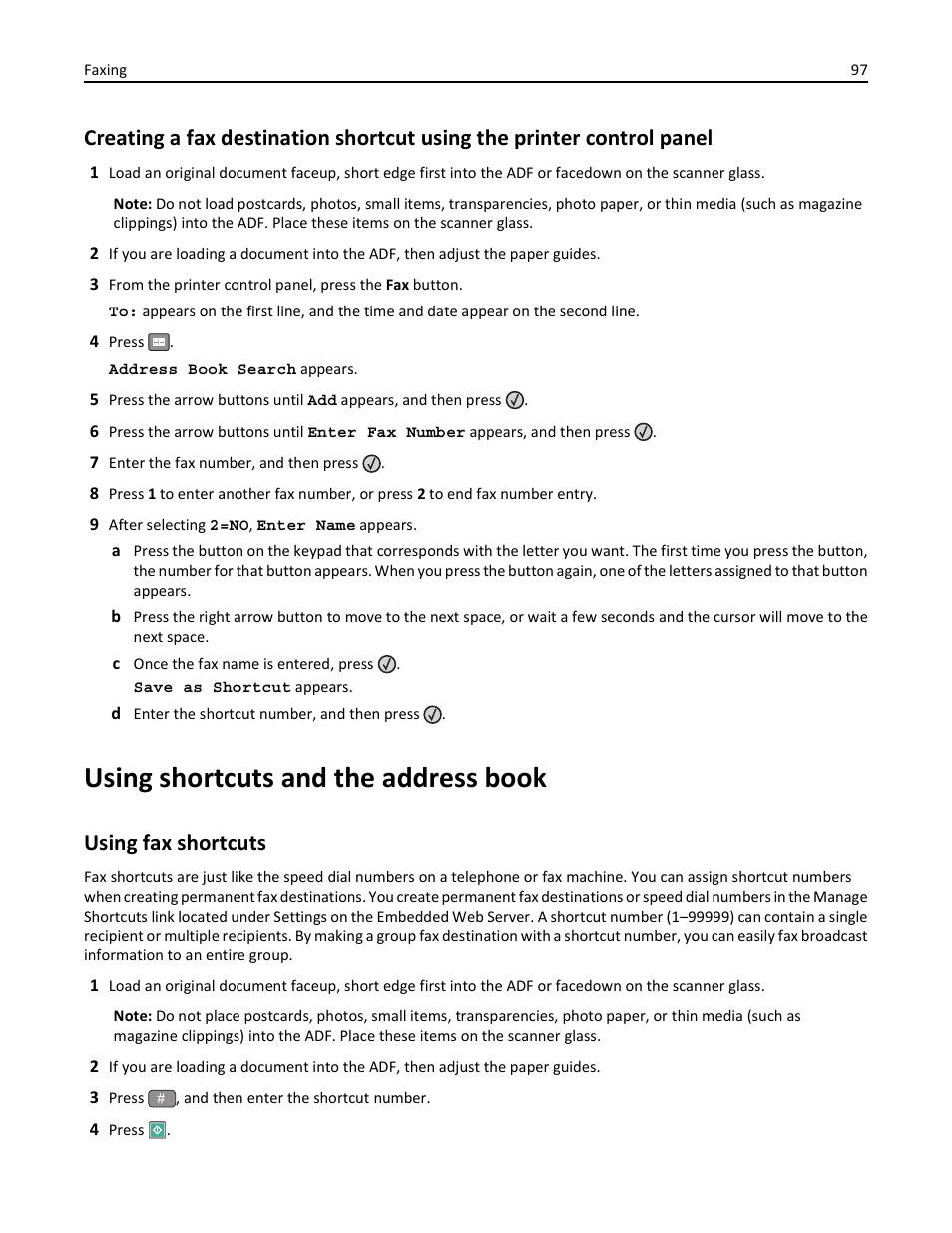 Using shortcuts and the address book, Using fax shortcuts | Lexmark 436 User Manual | Page 97 / 235