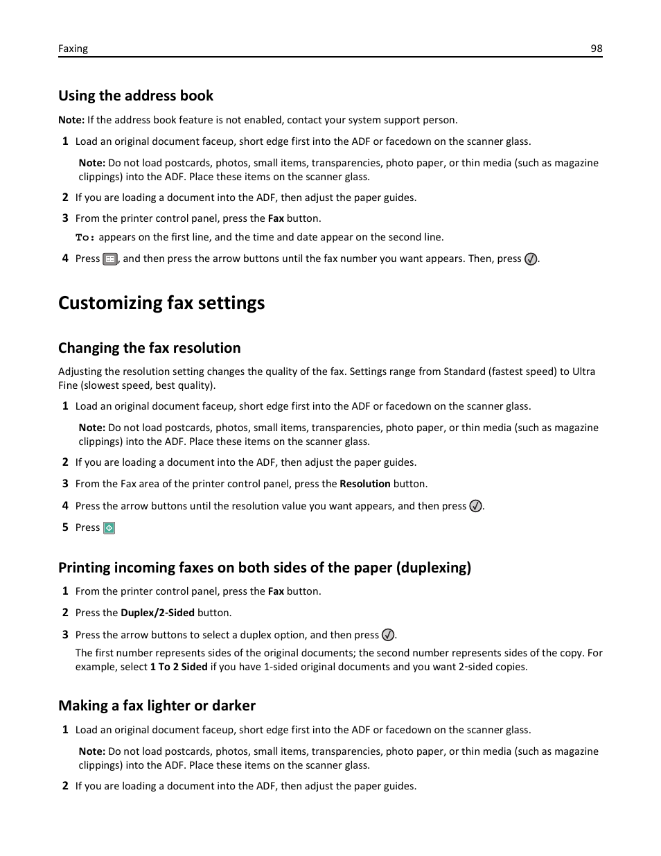 Using the address book, Customizing fax settings, Changing the fax resolution | Making a fax lighter or darker | Lexmark 436 User Manual | Page 98 / 235