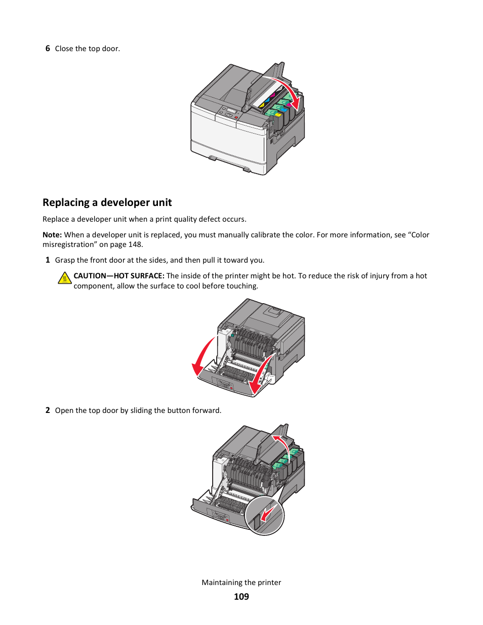 Replacing a developer unit, Close the top door | Lexmark 5025 User Manual | Page 109 / 171