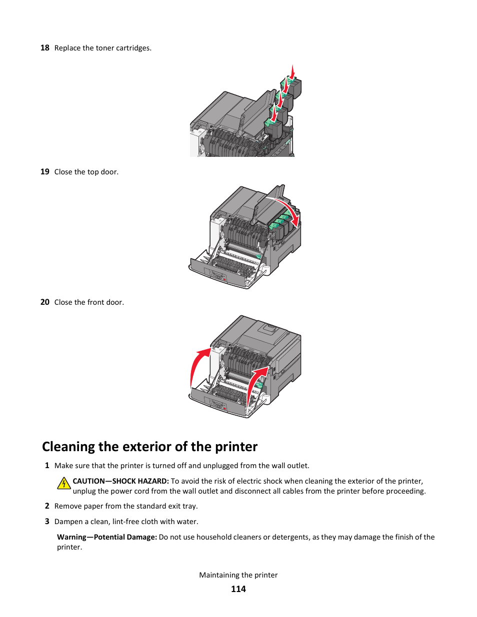 Cleaning the exterior of the printer | Lexmark 5025 User Manual | Page 114 / 171