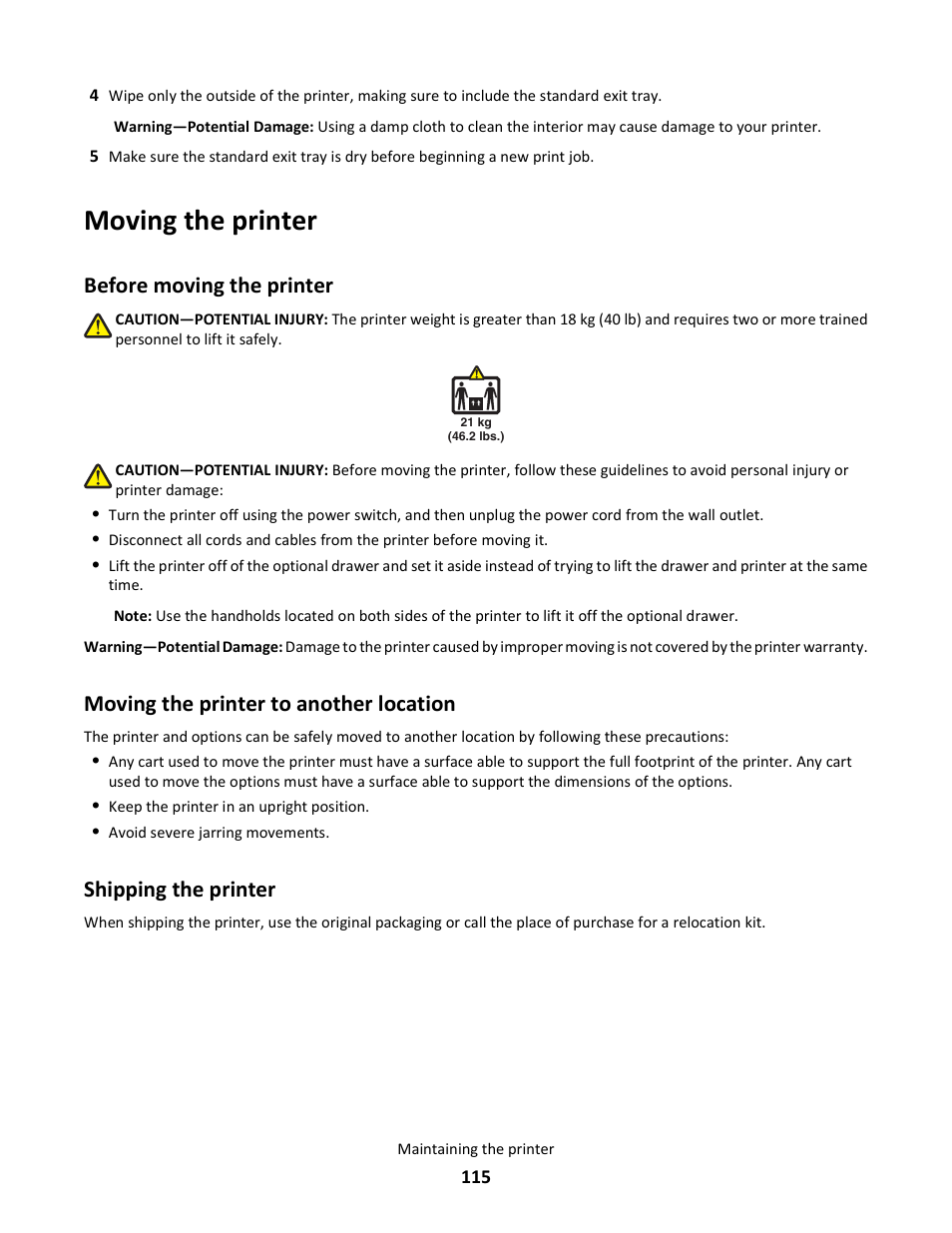 Moving the printer, Before moving the printer, Moving the printer to another location | Shipping the printer | Lexmark 5025 User Manual | Page 115 / 171