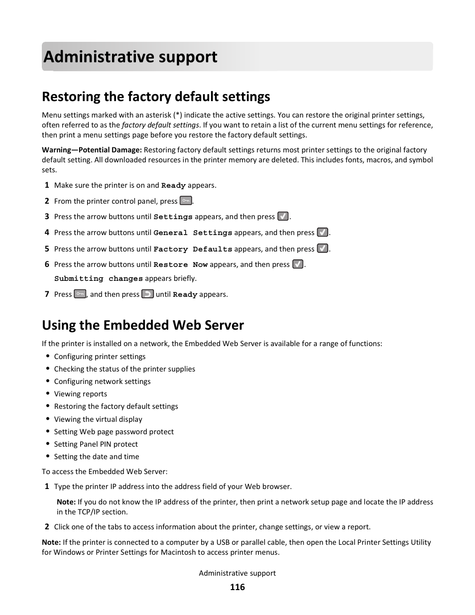 Administrative support, Restoring the factory default settings, Using the embedded web server | Lexmark 5025 User Manual | Page 116 / 171