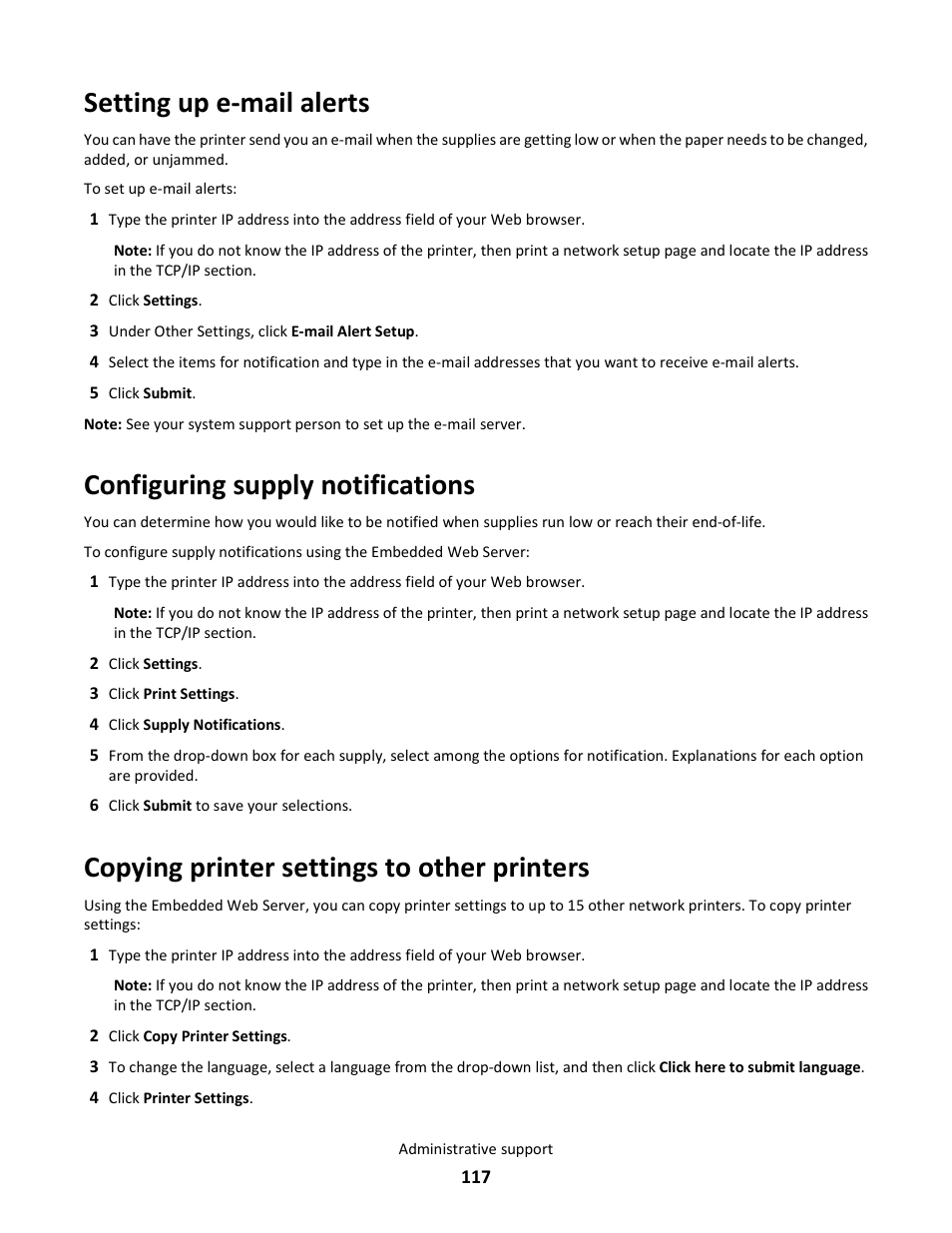 Setting up e-mail alerts, Configuring supply notifications, Copying printer settings to other printers | Lexmark 5025 User Manual | Page 117 / 171