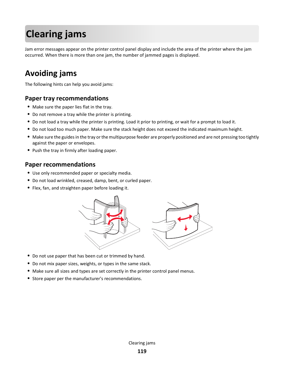 Clearing jams, Avoiding jams, Paper tray recommendations | Paper recommendations | Lexmark 5025 User Manual | Page 119 / 171