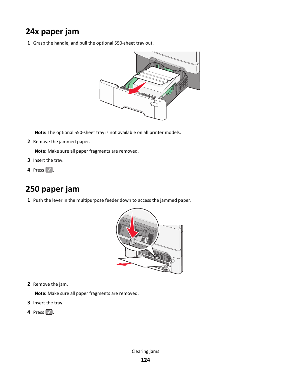 24x paper jam, 250 paper jam | Lexmark 5025 User Manual | Page 124 / 171